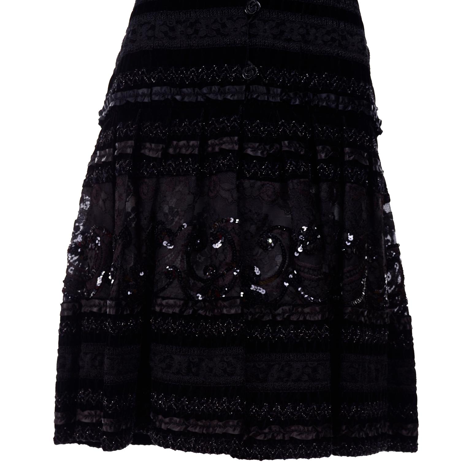 Emanuel Ungaro Vintage Black Velvet Dress W Lace Sequins Ribbons & Metallic Knit 3