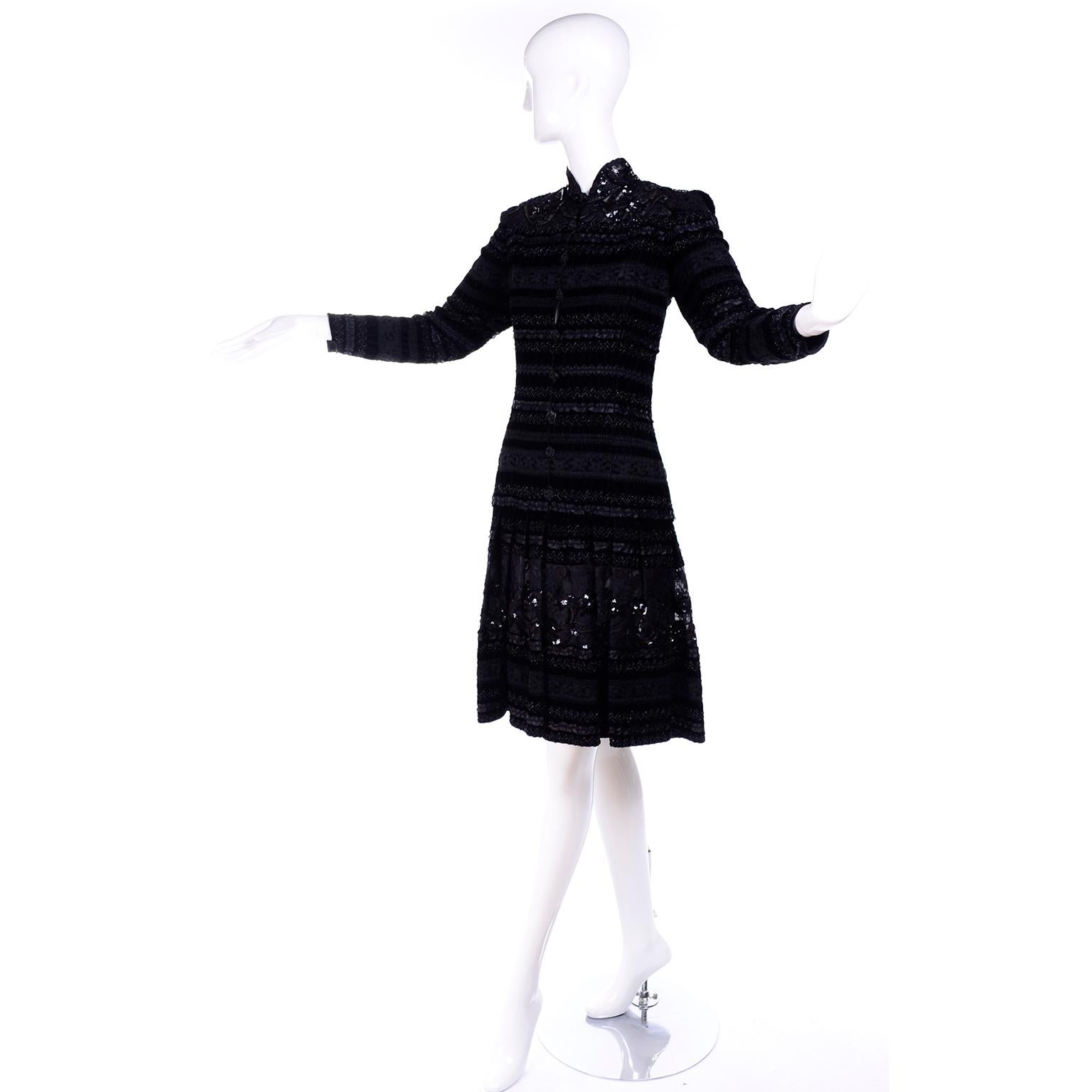 Emanuel Ungaro Vintage Black Velvet Dress W Lace Sequins Ribbons & Metallic Knit 6