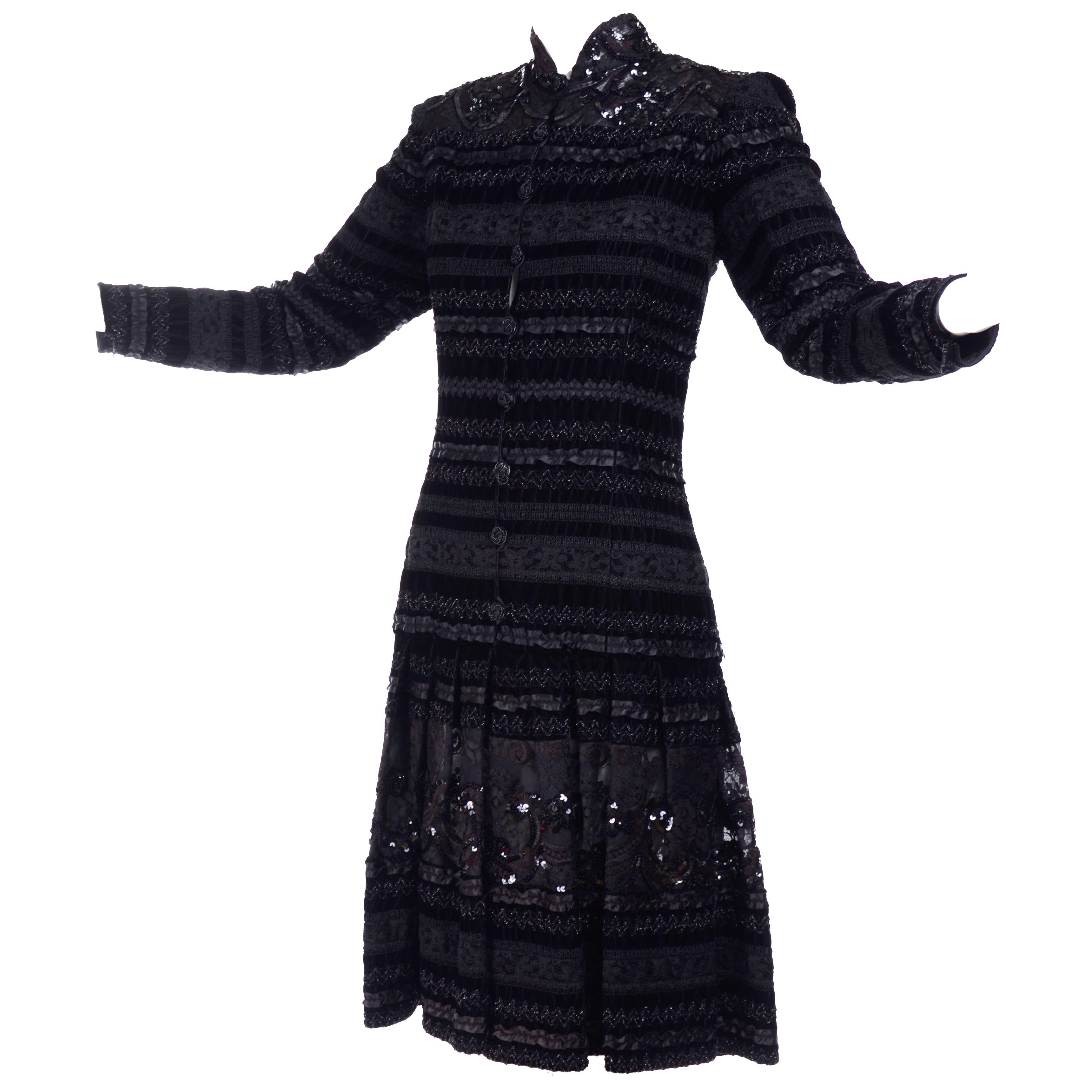 Emanuel Ungaro Vintage Black Velvet Dress W Lace Sequins Ribbons & Metallic Knit