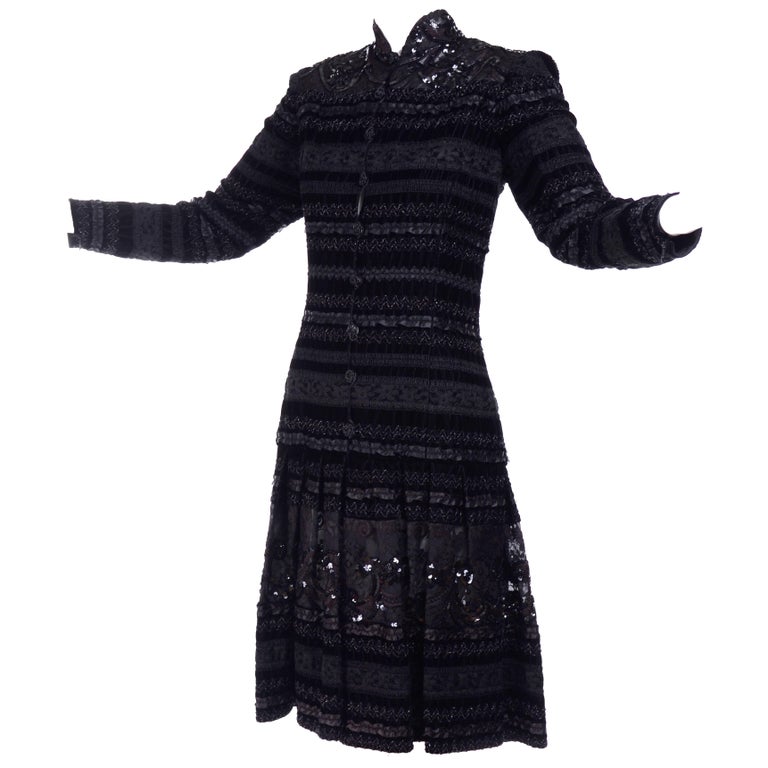 Emanuel Ungaro Vintage Black Velvet Dress W Lace Sequins Ribbons and  Metallic Knit For Sale at 1stDibs