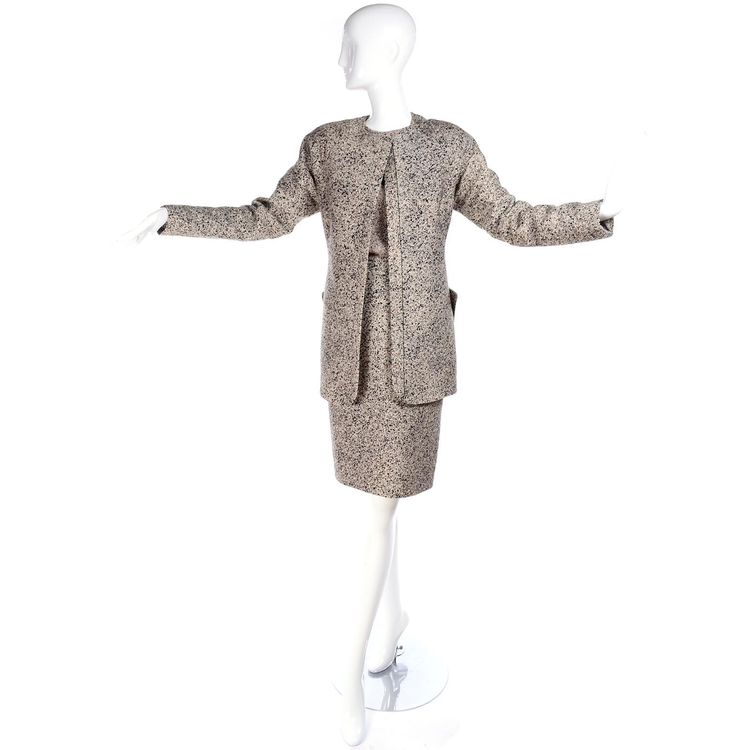 1990s Geoffrey Beene 3 Pc Outfit With Skirt Jacket & Top Suit in Speckled Knit For Sale 1