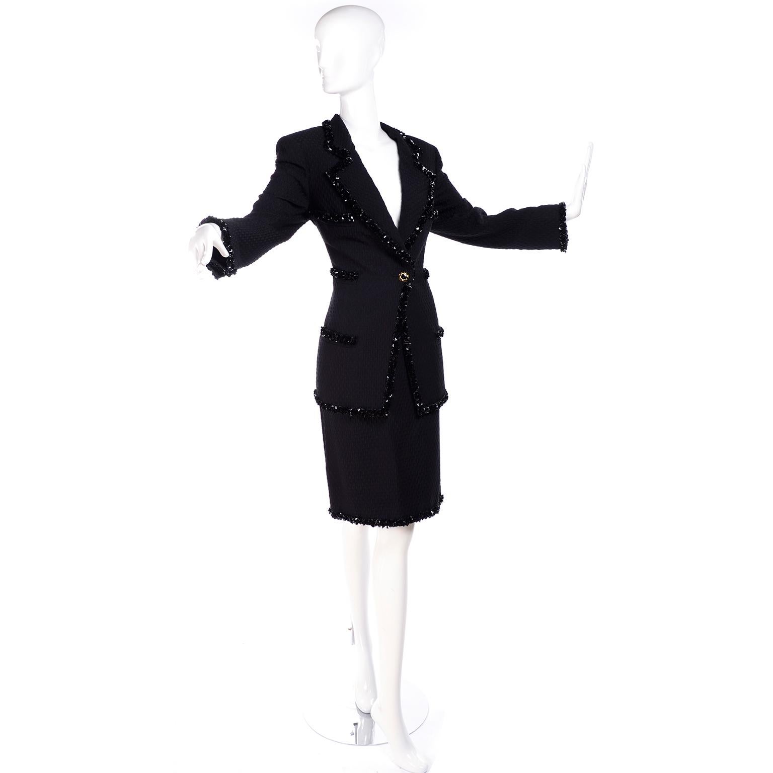 1996 Emaunel Ungaro Vintage Skirt & Jacket Black Runway Evening Suit w Sequins  2