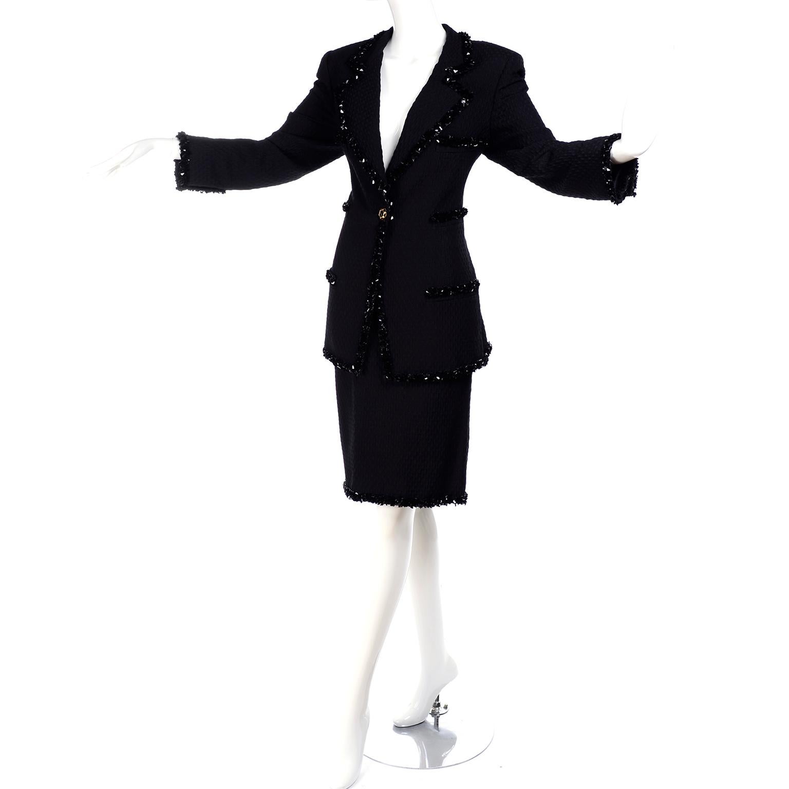 Women's 1996 Emaunel Ungaro Vintage Skirt & Jacket Black Runway Evening Suit w Sequins 