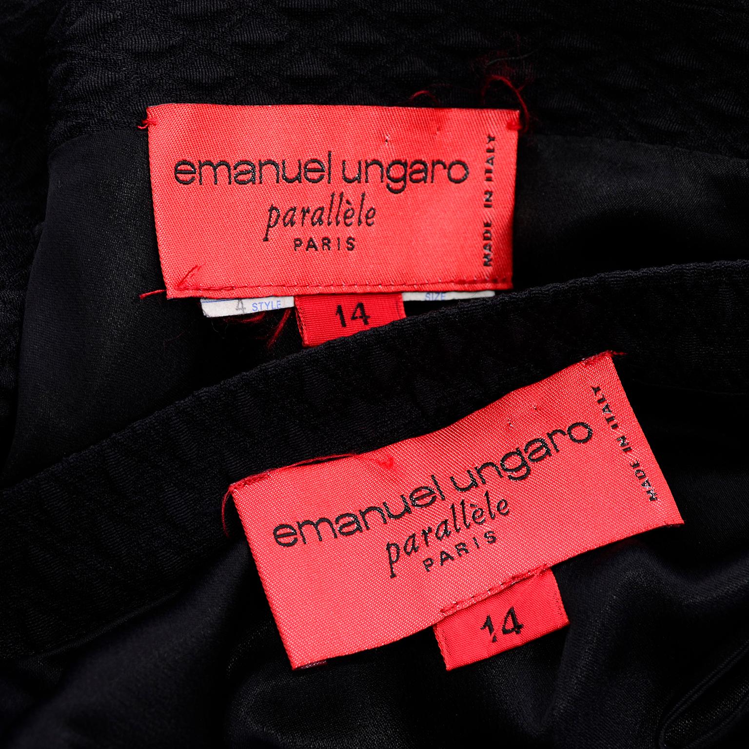 1996 Emaunel Ungaro Vintage Skirt & Jacket Black Runway Evening Suit w Sequins  16