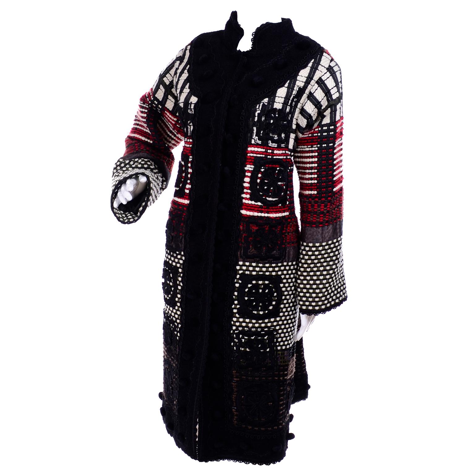2011 Oscar de la Renta Vintage Mixed Pattern Red & Black Wool Coat with Pom Poms 2