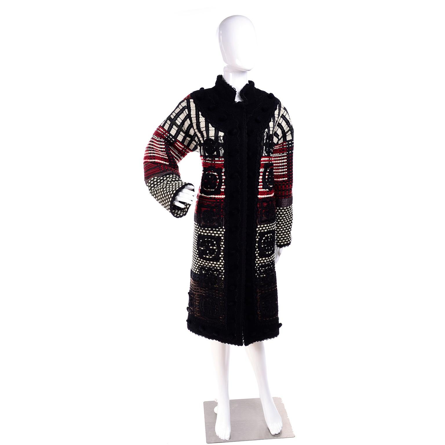 2011 Oscar de la Renta Vintage Mixed Pattern Red & Black Wool Coat with Pom Poms In Good Condition In Portland, OR