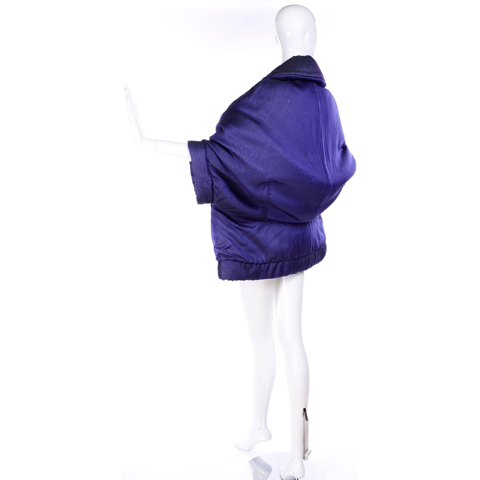 Vintage Gianfranco Ferre Puffer Style Jacket  Purple Silk Coat w Dolman Sleeves For Sale 2