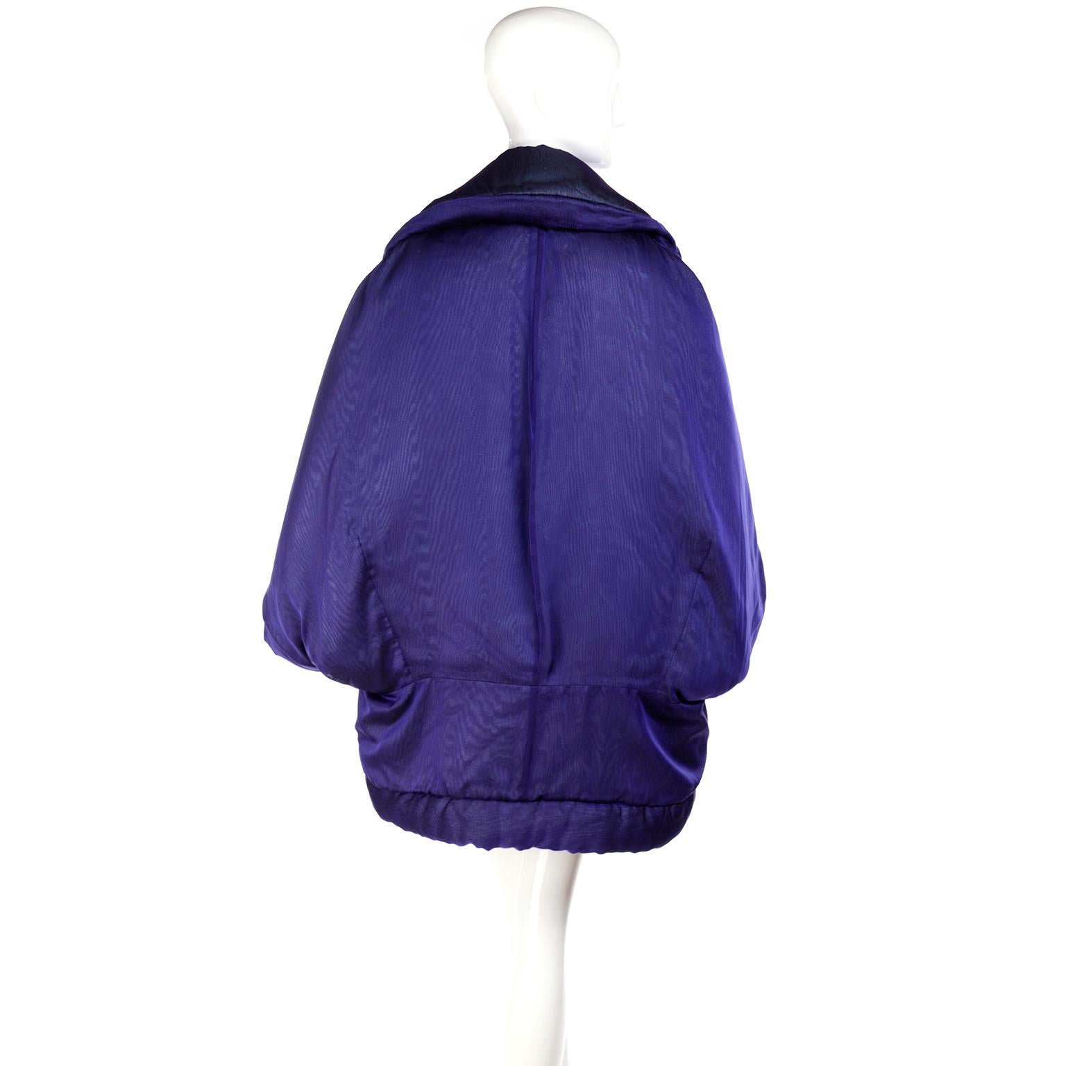Vintage Gianfranco Ferre Puffer Style Jacket  Purple Silk Coat w Dolman Sleeves For Sale 1