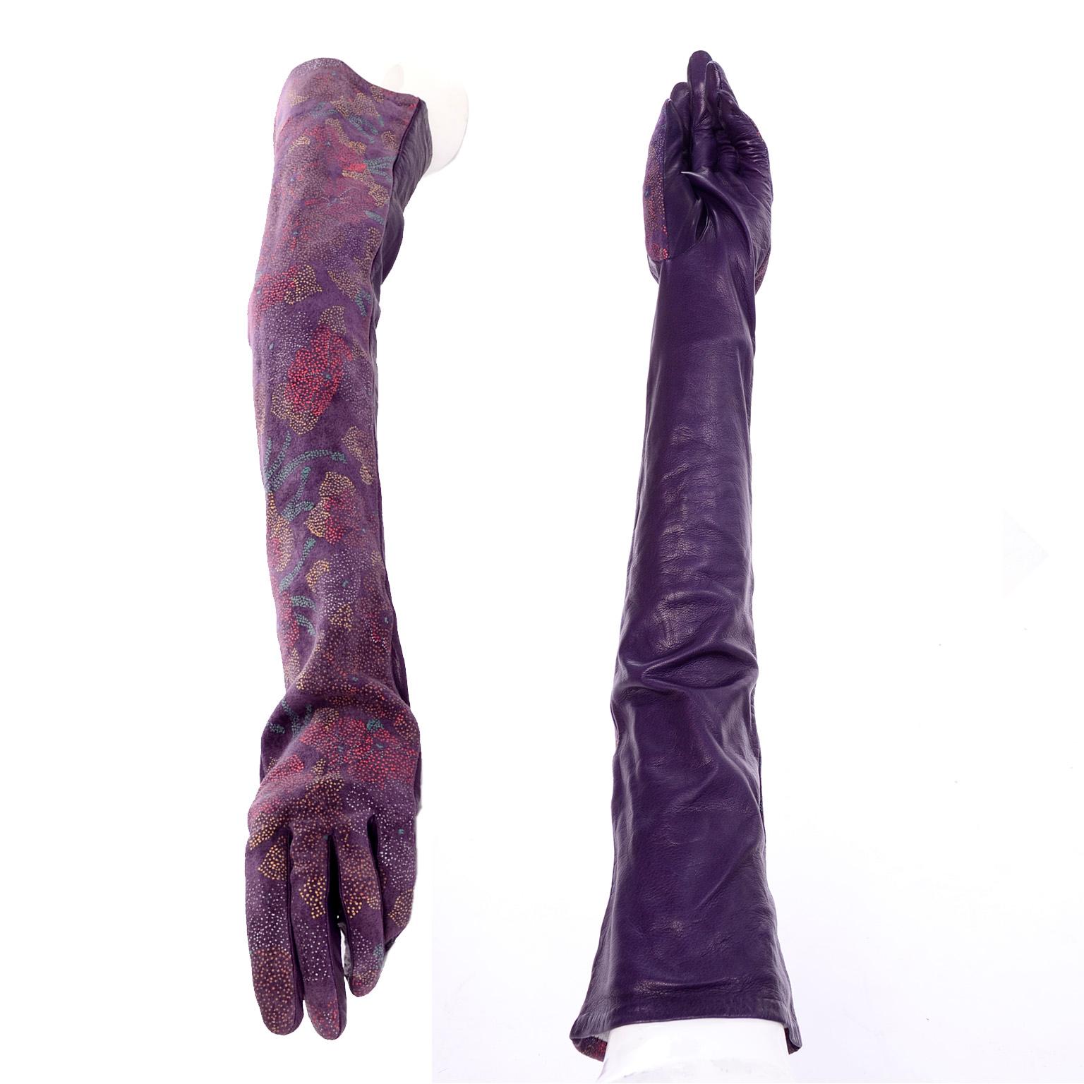 Gray Carlos Falchi Vintage Long Purple Leather Gloves w/ Pointillism Style Flowers For Sale