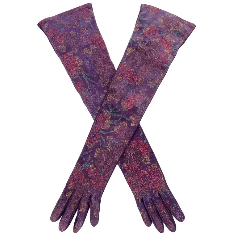 Carlos Falchi Vintage Long Purple Leather Gloves w/ Pointillism Style Flowers For Sale