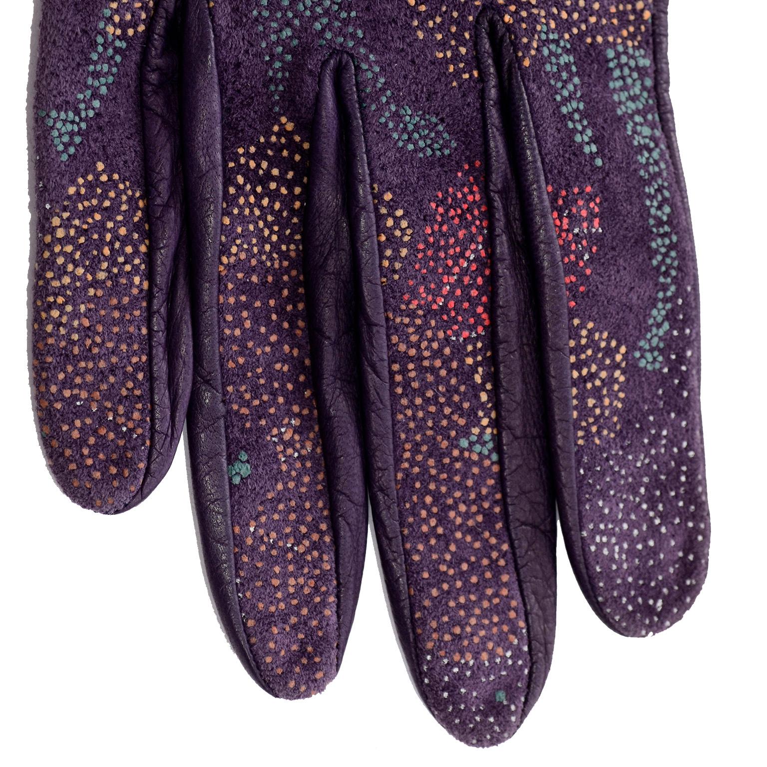 Carlos Falchi Vintage Long Purple Leather Gloves w/ Pointillism Style Flowers For Sale 1