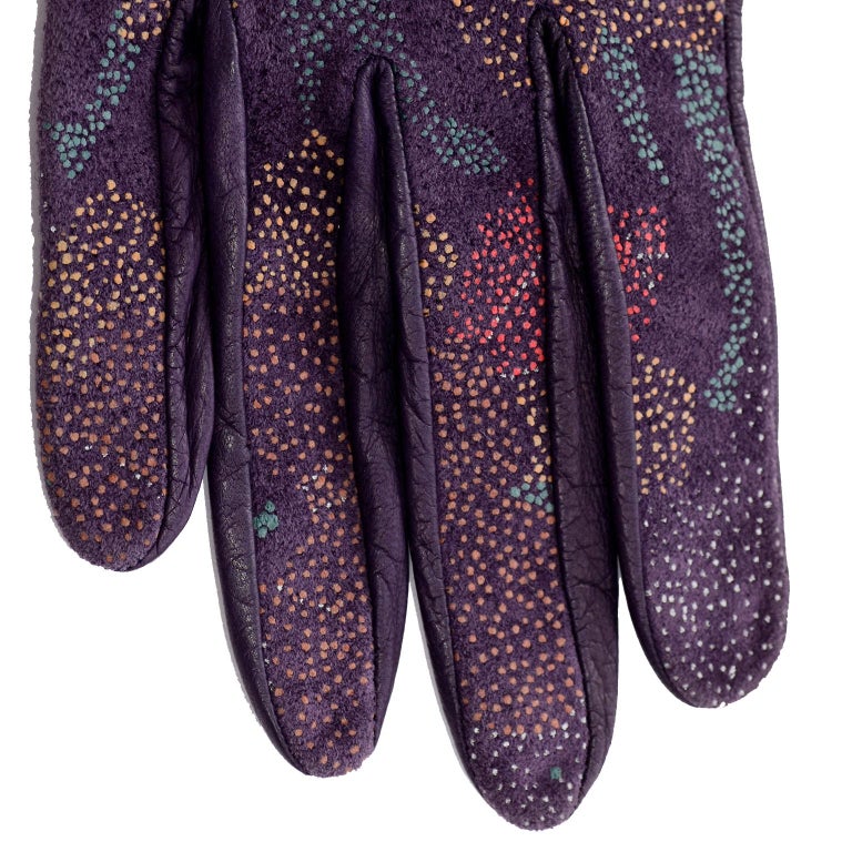 Carlos Falchi Vintage Long Purple Leather Gloves w/ Pointillism Style Flowers For Sale 4