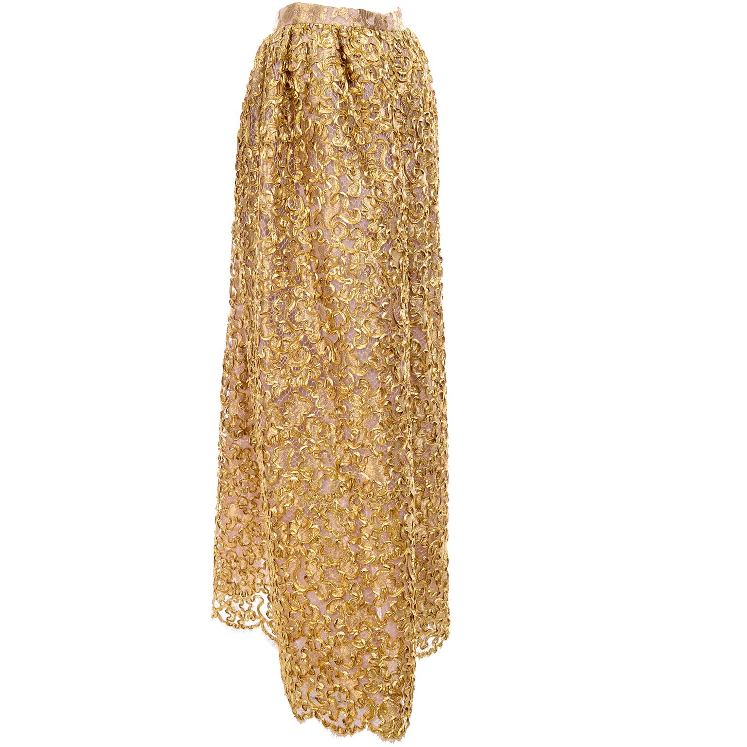 This is the most stunning vintage Mary McFadden Couture vintage skirt that was purchased at Saks Fifth Avenue in the 1980's. The long evening skirt is in a beautiful gold fabric with soutache over lace with a nude lining.  The skirt still has its