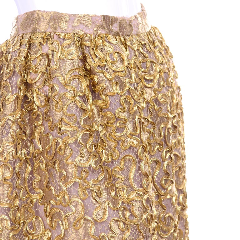 Mary McFadden Couture Evening Skirt in Gold Metallic Lace 