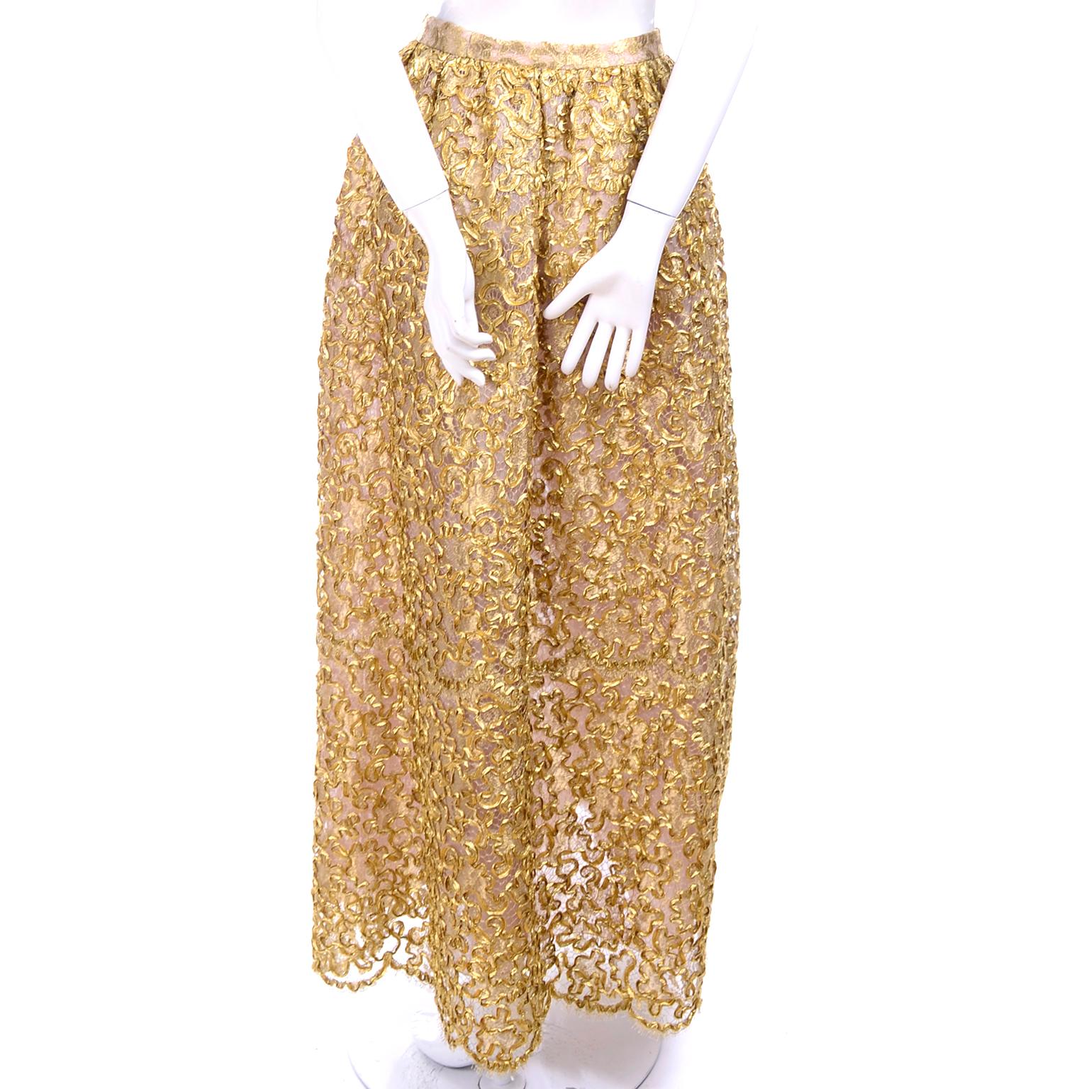 Brown Mary McFadden Couture Evening Skirt in Gold Metallic Lace & Soutache New w/ Tags