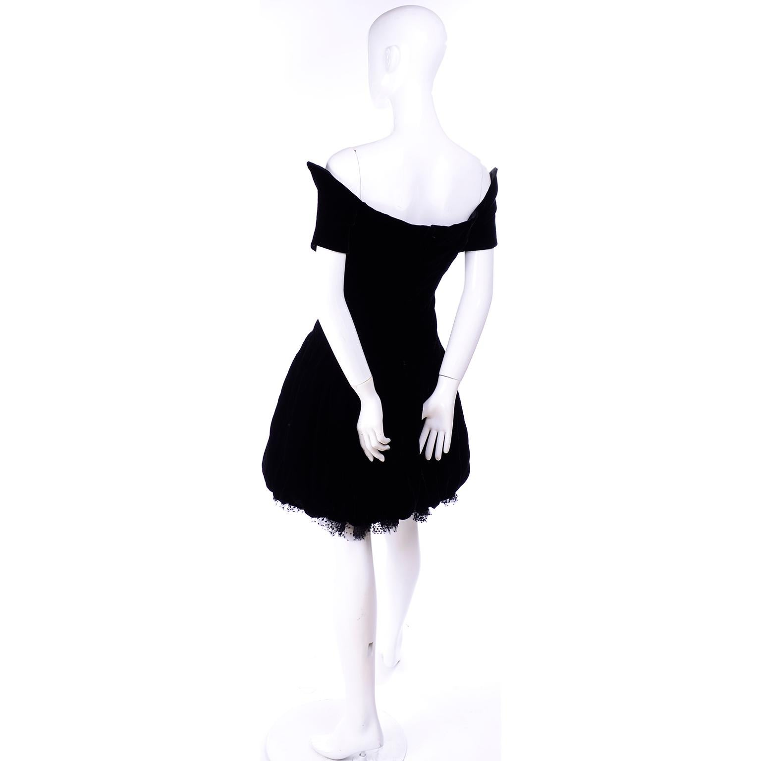 Vintage Christian Dior Dress in Black Velvet & Net W Pouf Skirt & Winged Bust In Good Condition In Portland, OR