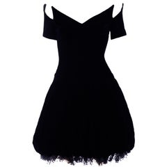 Vintage Christian Dior Dress in Black Velvet & Net W Pouf Skirt & Winged Bust