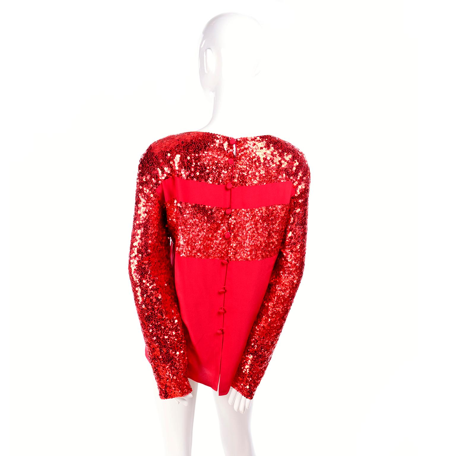 Nina Ricci Vintage Red Silk Evening Festive Holiday Top With Sequins In Excellent Condition For Sale In Portland, OR