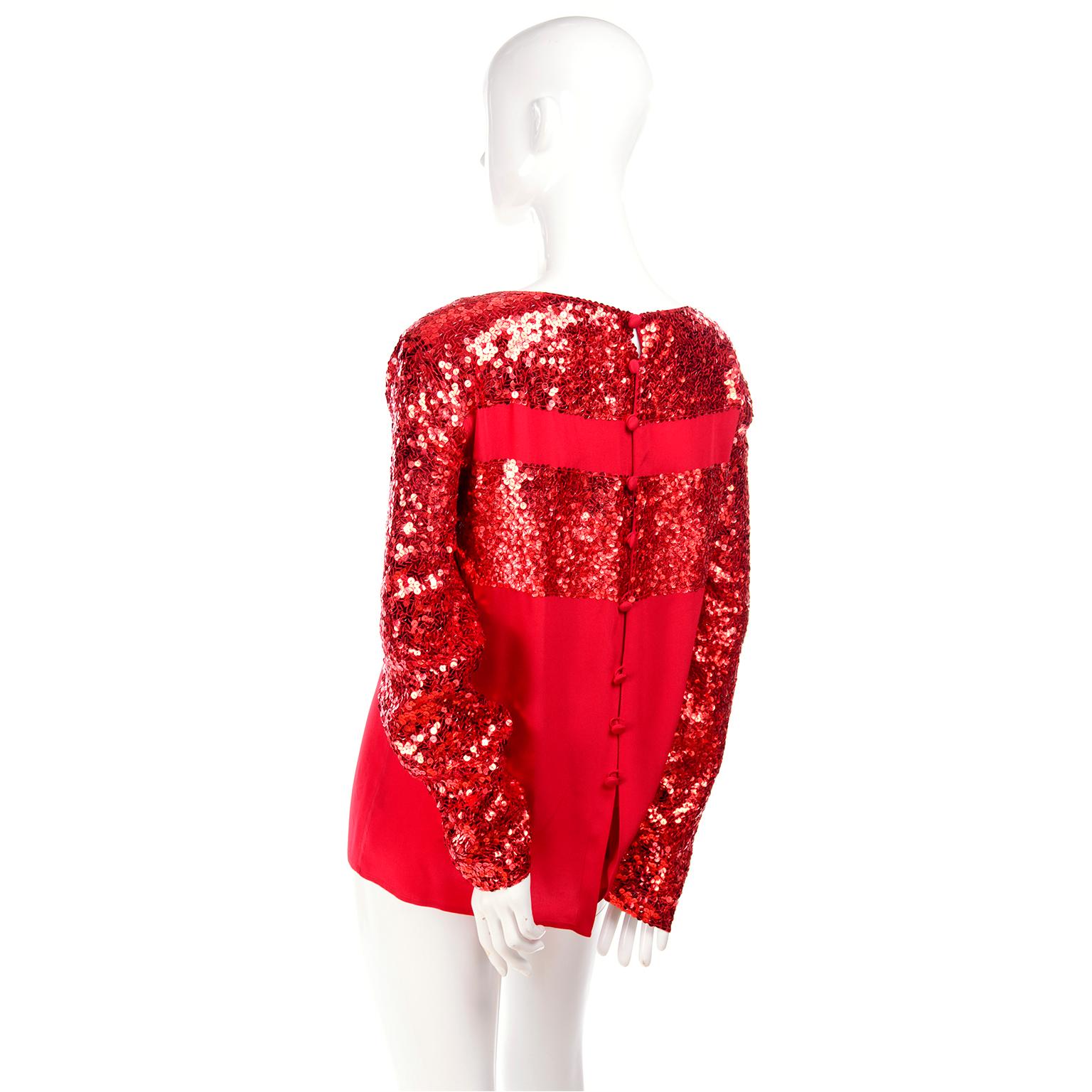 Women's Nina Ricci Vintage Red Silk Evening Festive Holiday Top With Sequins For Sale