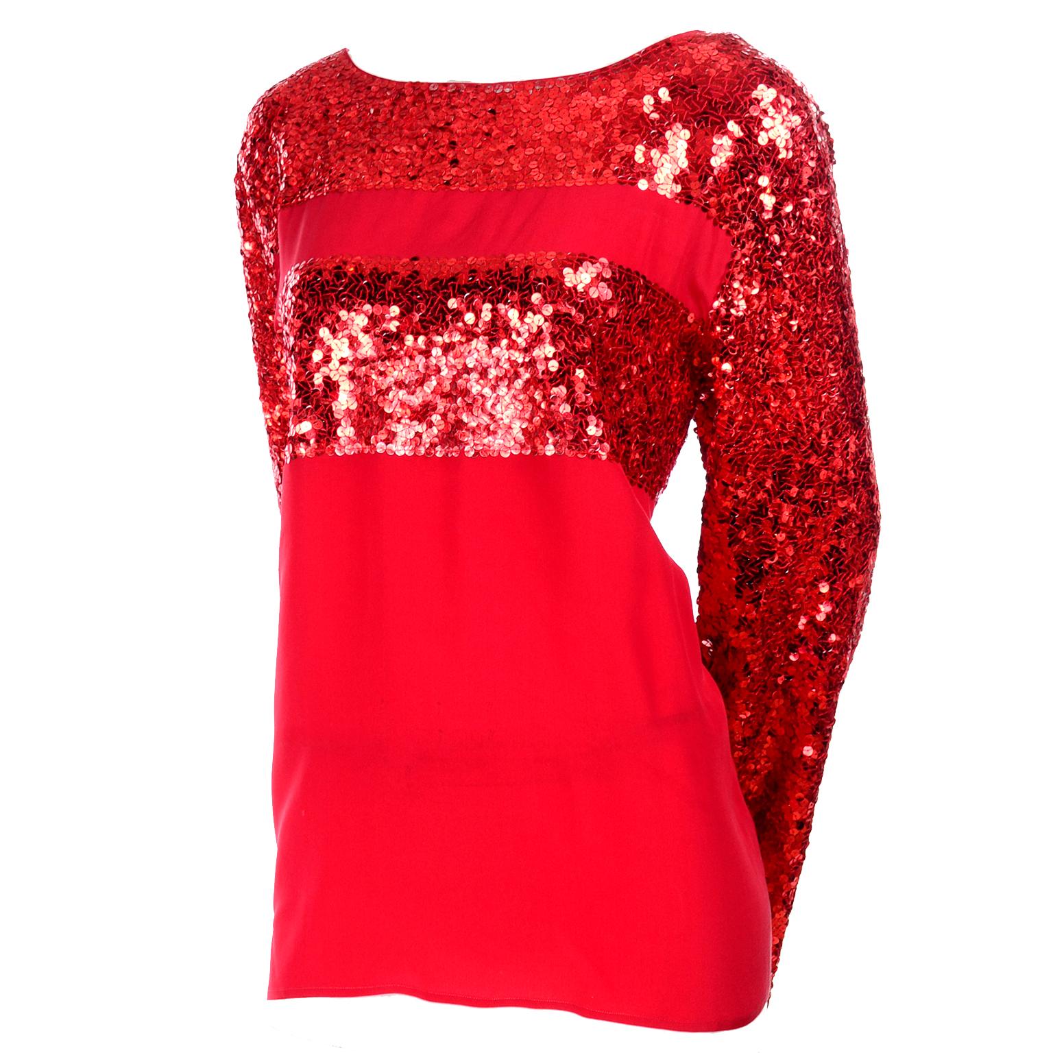 Nina Ricci - Haut de soirée festif en soie rouge vintage avec sequins, pour les fêtes