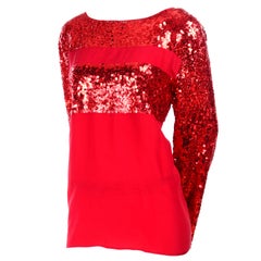 Nina Ricci - Haut de soirée festif en soie rouge vintage avec sequins, pour les fêtes