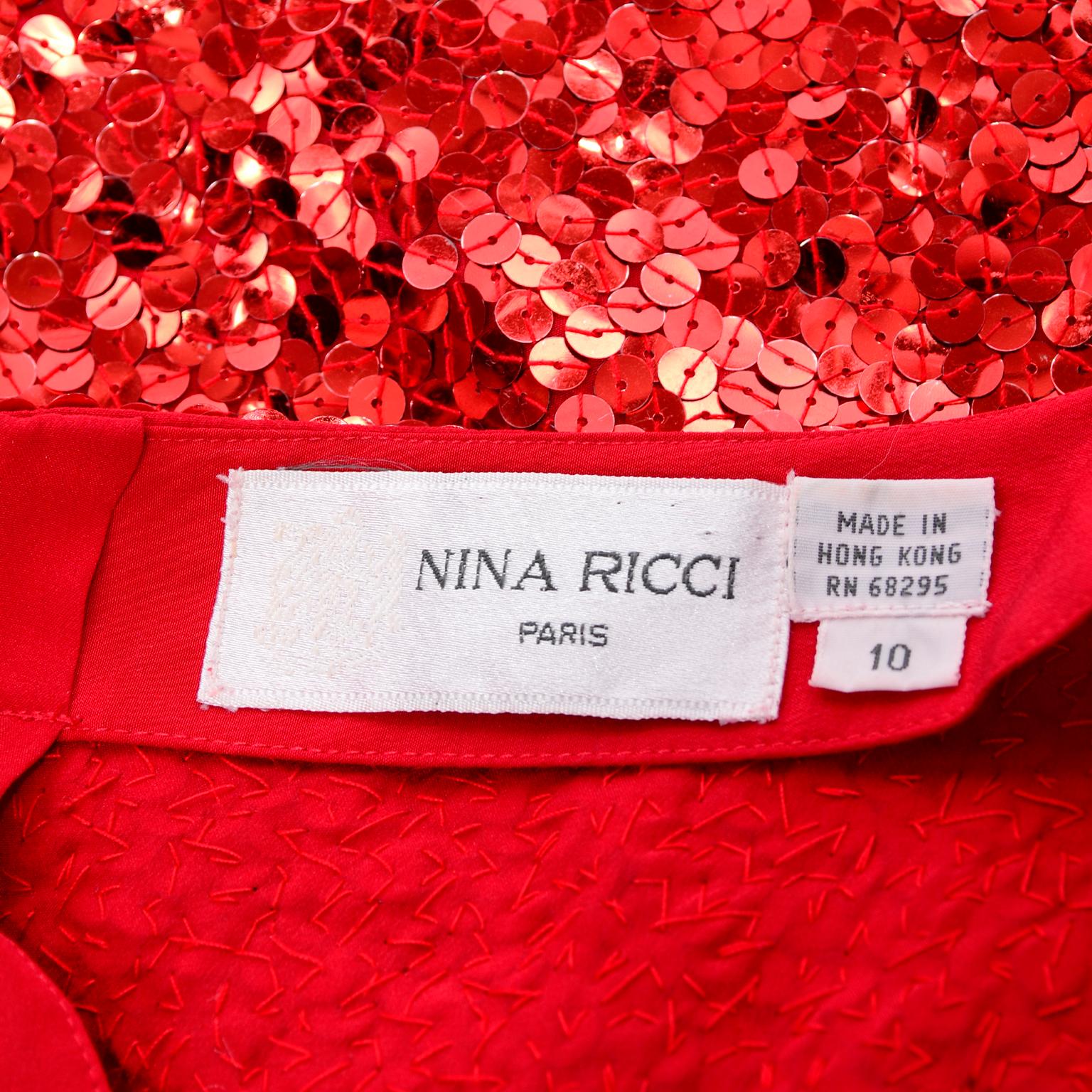 Nina Ricci Vintage Red Silk Evening Festive Holiday Top With Sequins For Sale 2