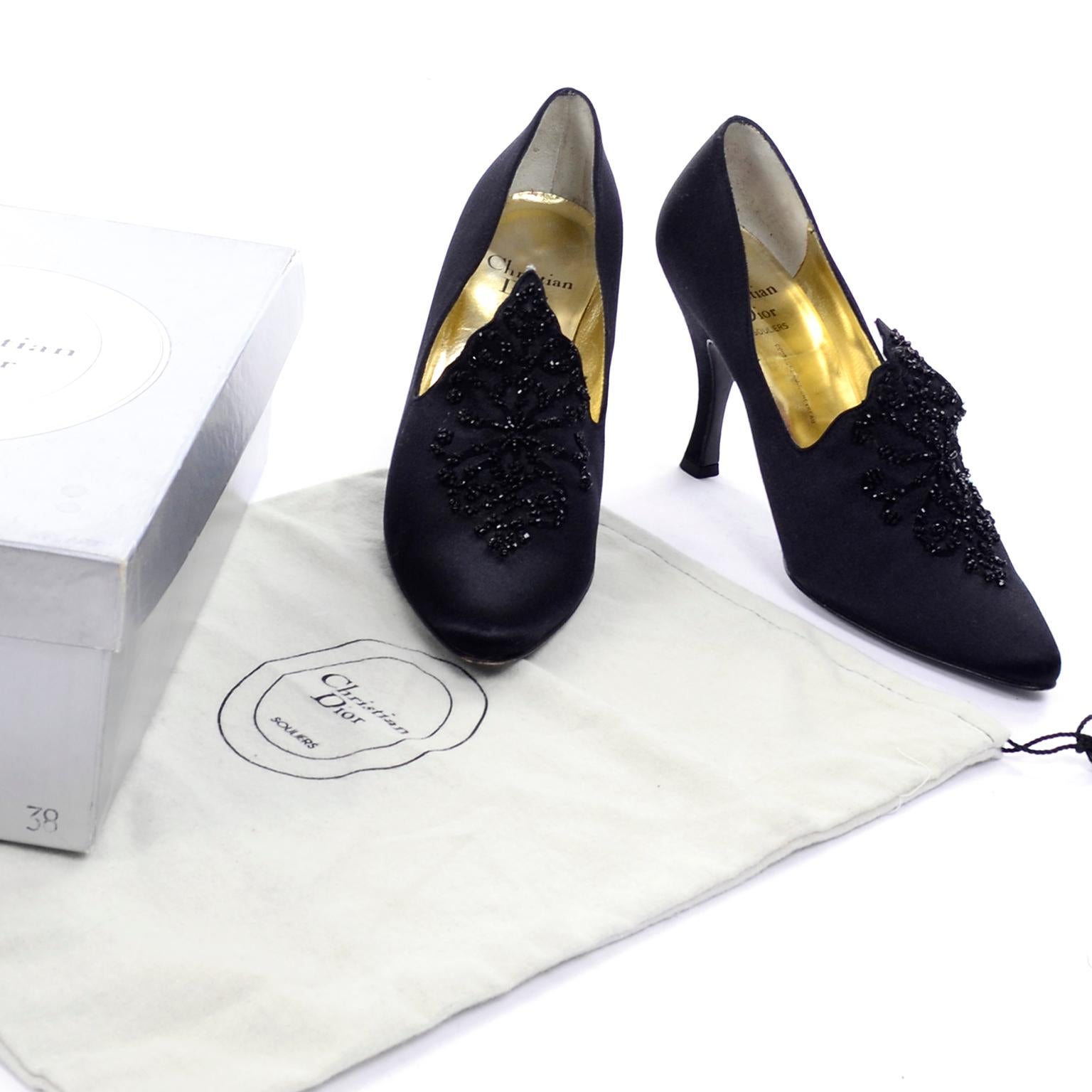 Christian Dior Souliers Vintage Black Satin Beaded Shoes Size 8 W/ Bag & Box In Excellent Condition In Portland, OR