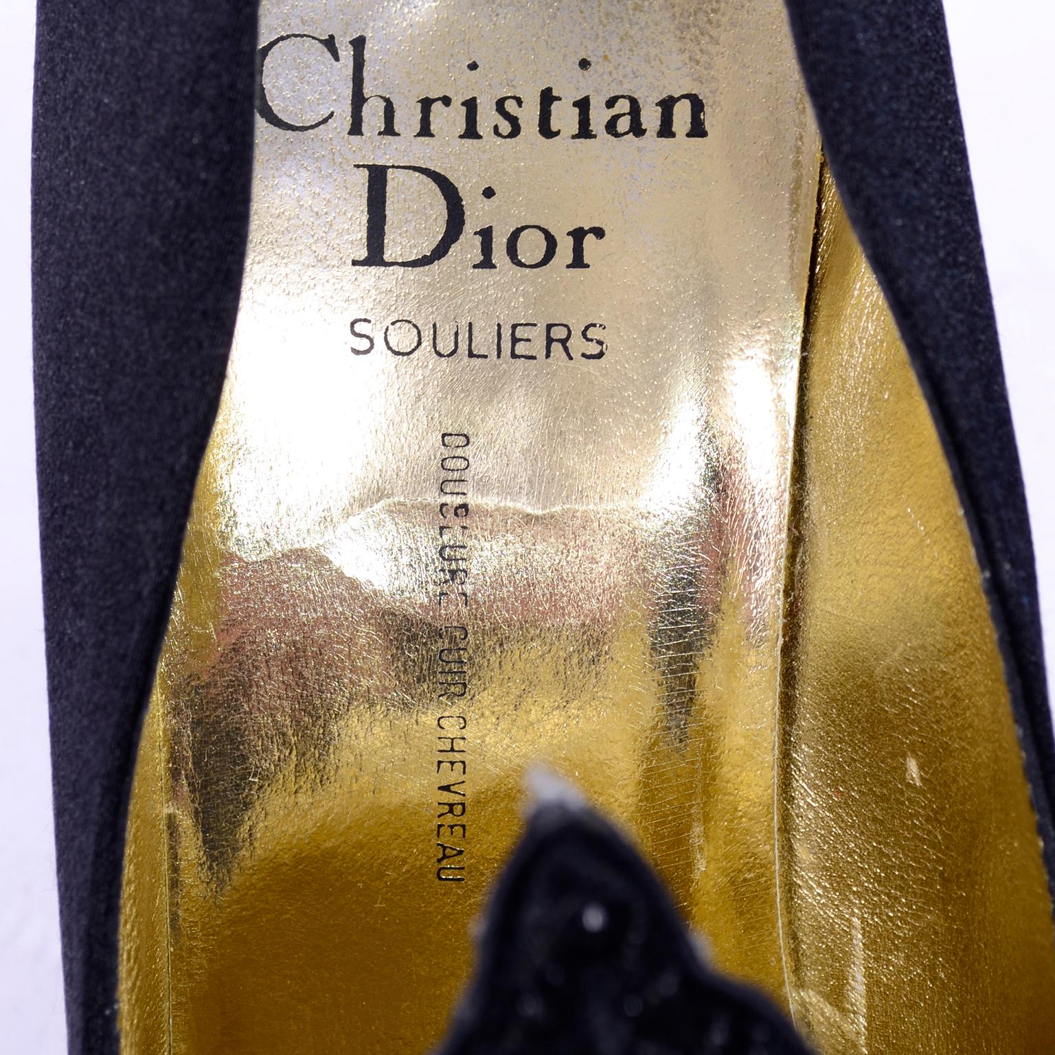 Christian Dior Souliers Vintage Black Satin Beaded Shoes Size 8 W/ Bag & Box 6