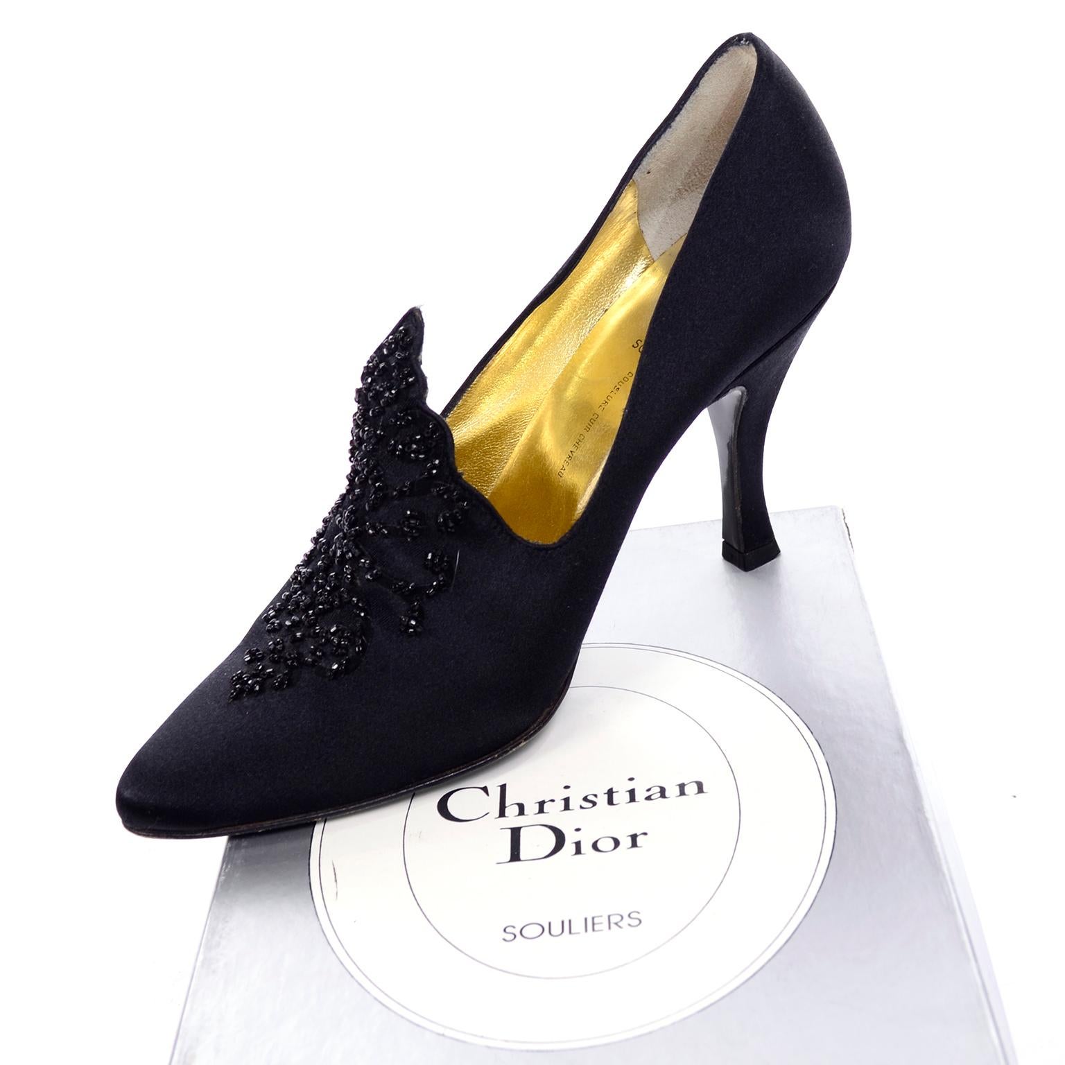 These vintage black satin Victorian inspired Christian Dior Souliers evening shoes are beautifully beaded and have 3.75