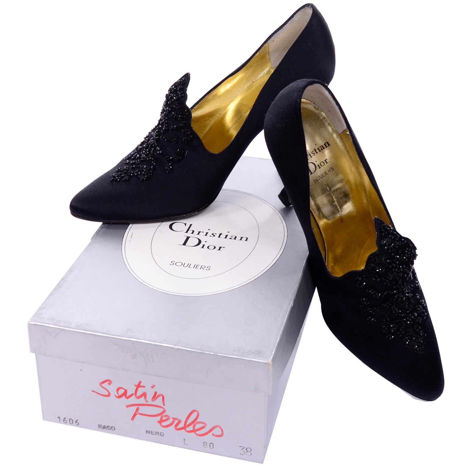 Christian Dior Souliers Vintage Black Satin Beaded Shoes Size 8 W/ Bag & Box 5