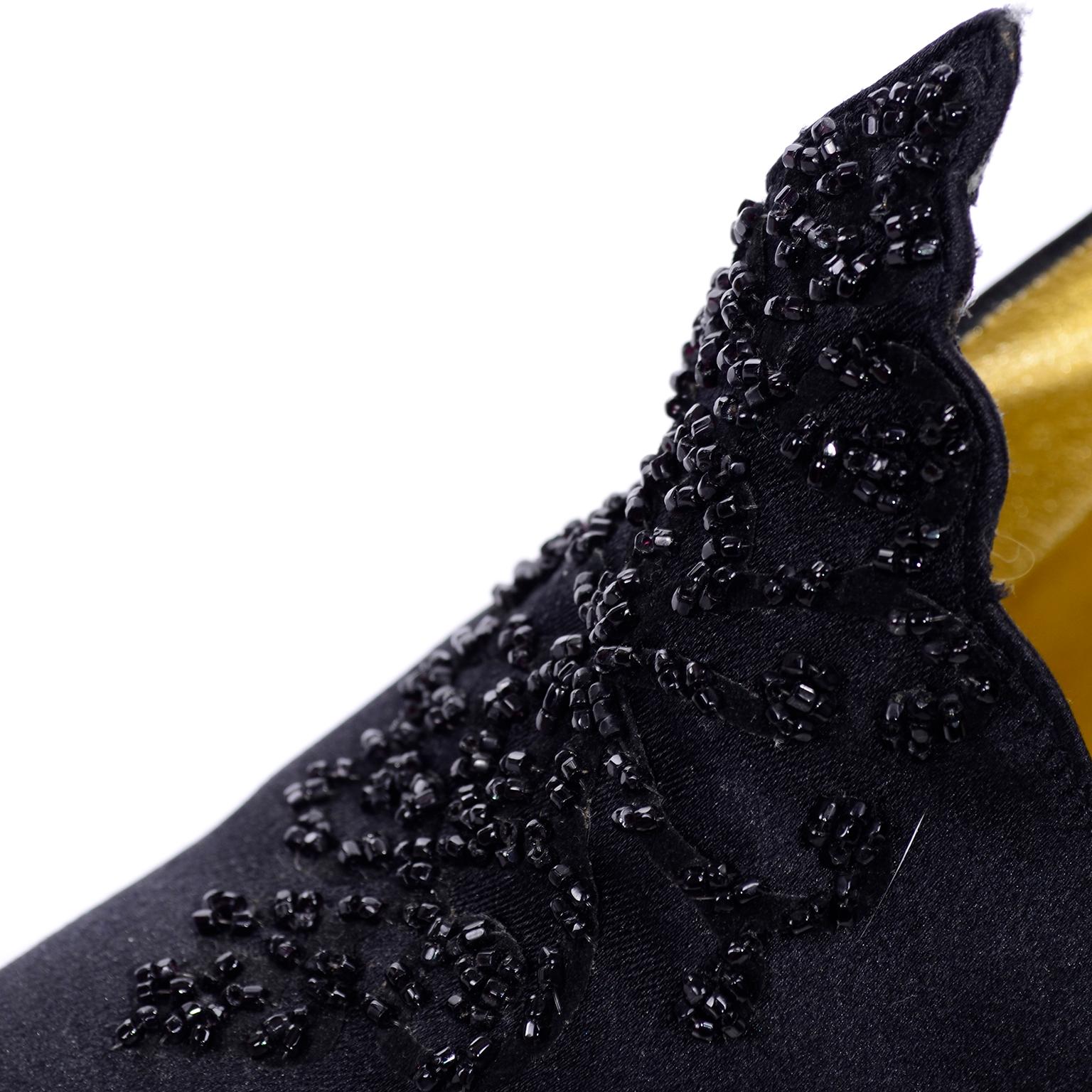 Christian Dior Souliers Vintage Black Satin Beaded Shoes Size 8 W/ Bag & Box 2