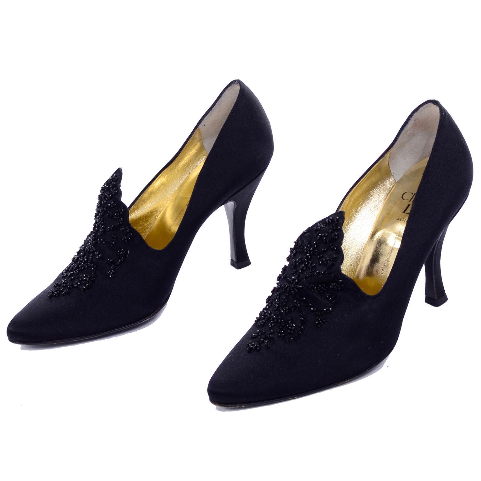 Christian Dior Souliers Vintage Black Satin Beaded Shoes Size 8 W/ Bag & Box 3