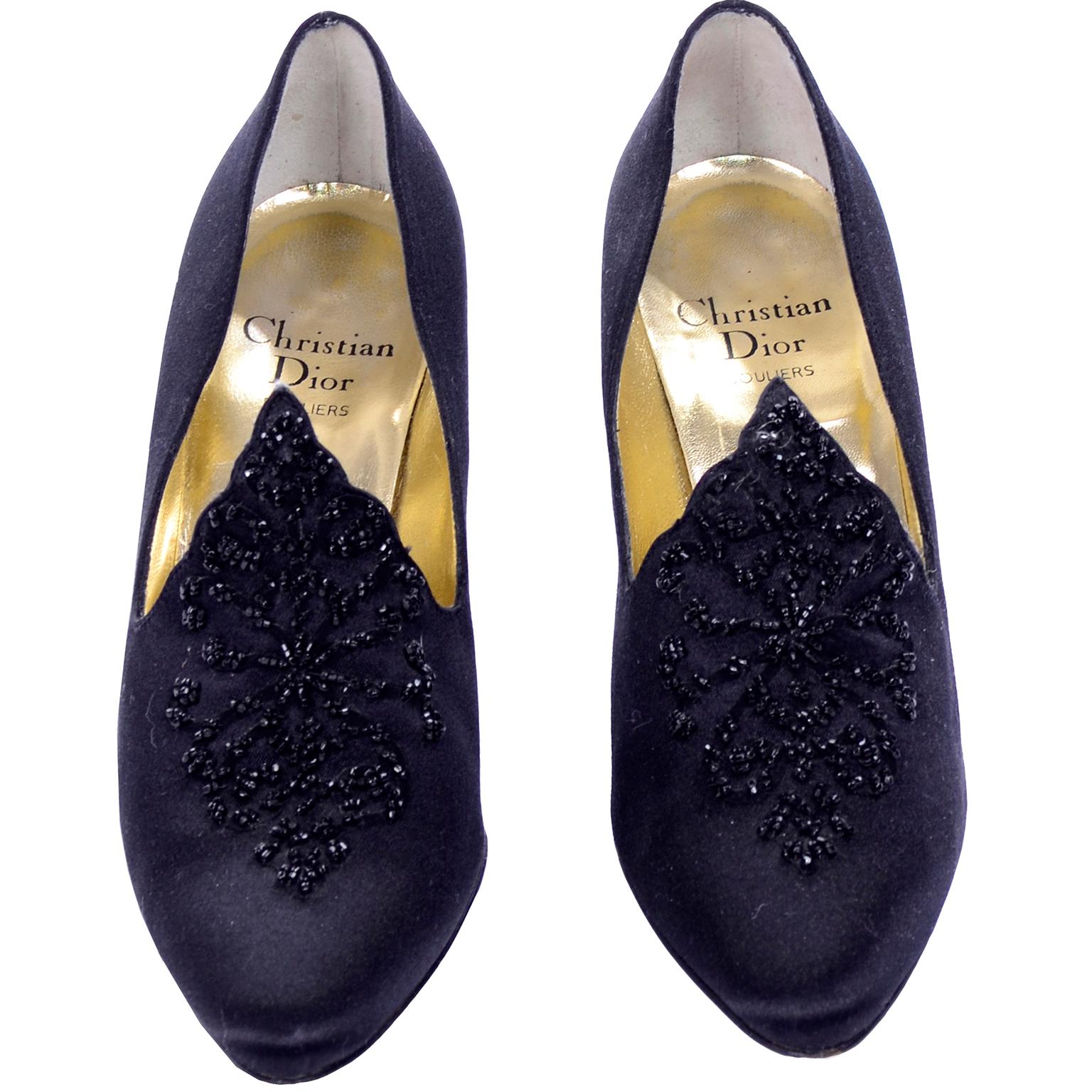 Christian Dior Souliers Vintage Black Satin Beaded Shoes Size 8 W/ Bag & Box 4