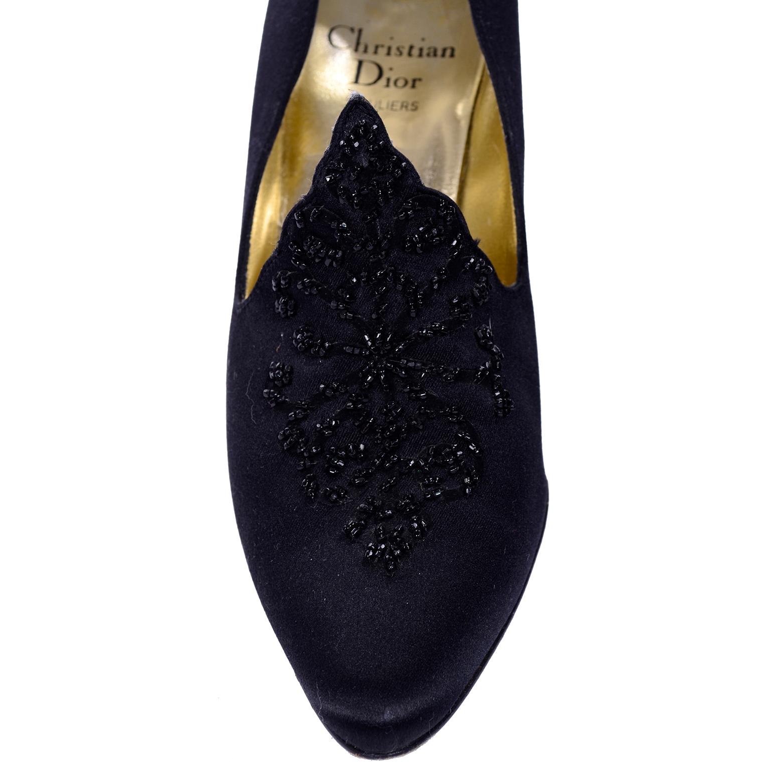 Christian Dior Souliers Vintage Black Satin Beaded Shoes Size 8 W/ Bag & Box 7