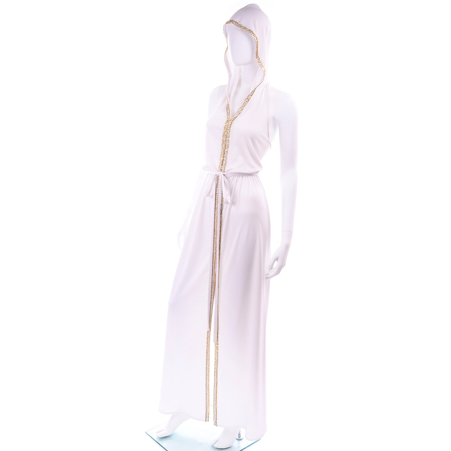 1970s Vintage White Hooded Jersey Maxi Dress With Gold Beads And