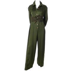 James Galanos Vintage Green Silk Jumpsuit With Suede Corset Belt