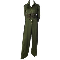 James Galanos Vintage Green Silk Jumpsuit With Suede Corset Belt 