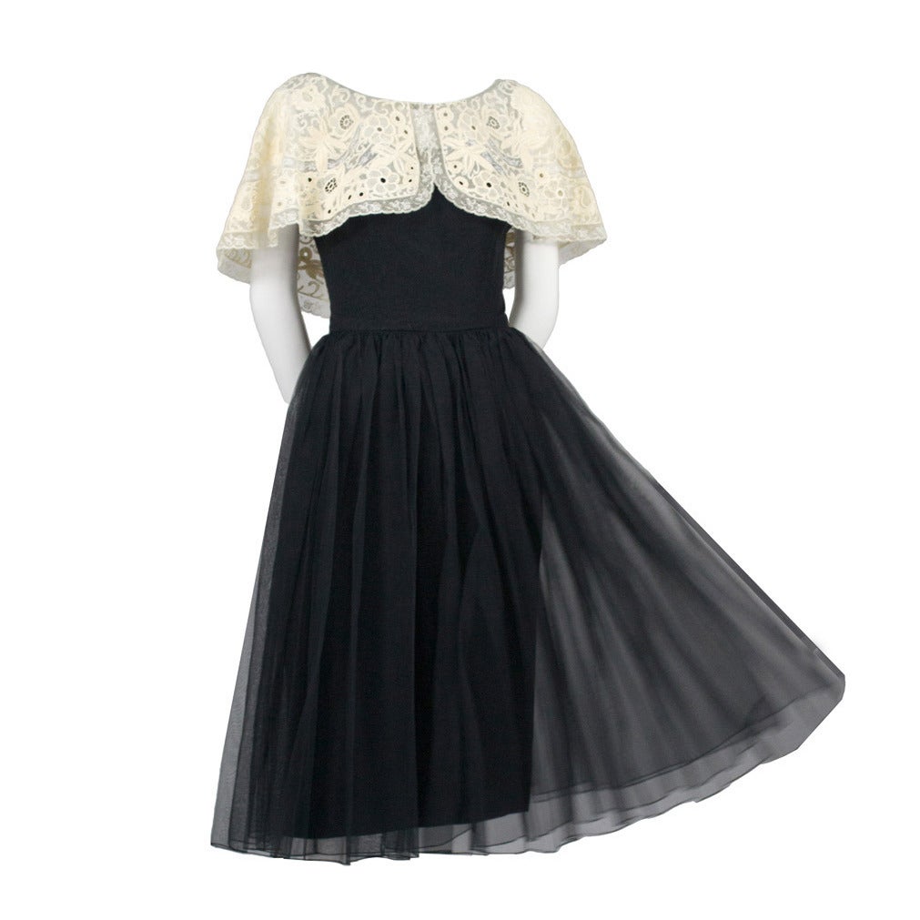 Larry Aldrich 1950s Vintage Dress in Black Organza With Wide Fine Lace Collar
