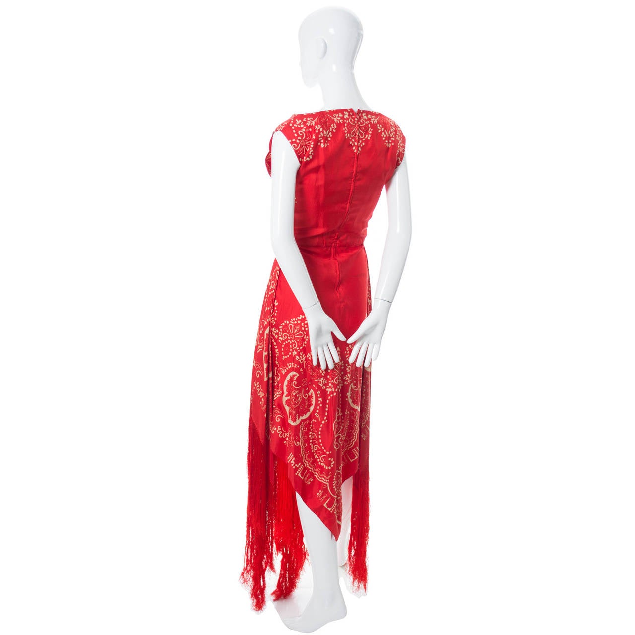 Women's 1970s Rare Pauline Trigere Vintage Dress Red Silk Exotic Fringe Signed 