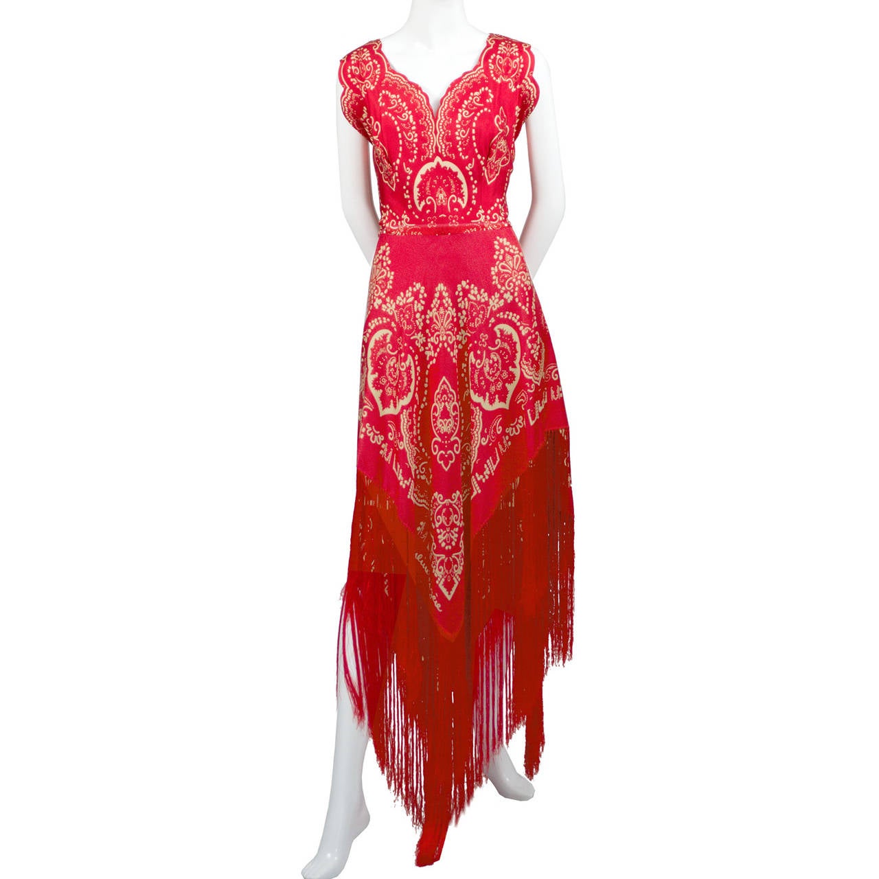 1970s Rare Pauline Trigere Vintage Dress Red Silk Exotic Fringe Signed  1