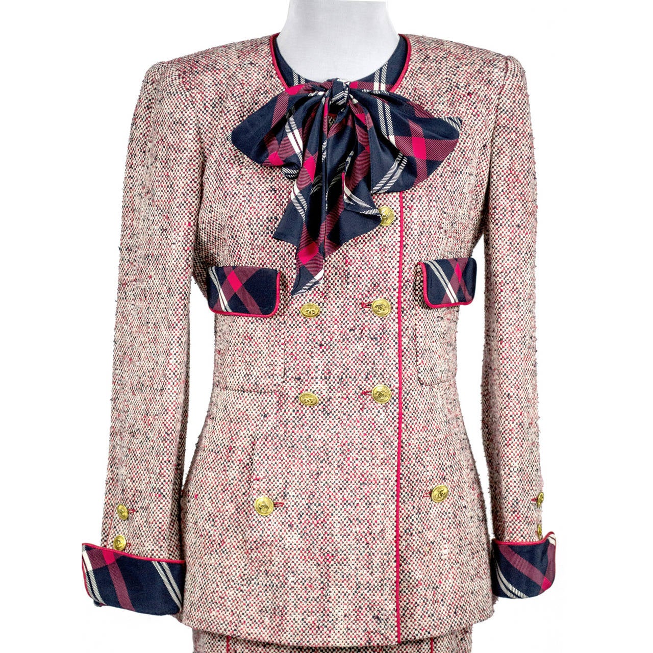 1985 Chanel Runway Tweed With Skirt Blazer & Silk Blouse Red White & Blue  Plaid