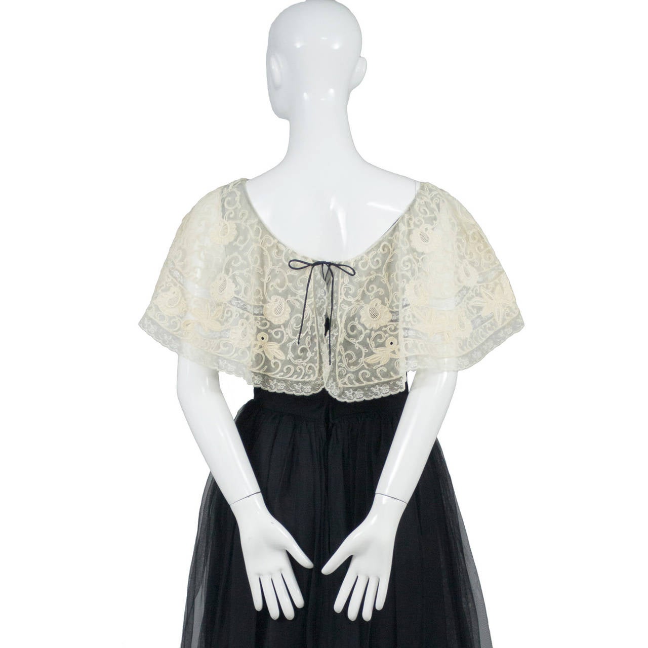 Larry Aldrich 1950s Vintage Dress in Black Organza With Wide Fine Lace Collar 1