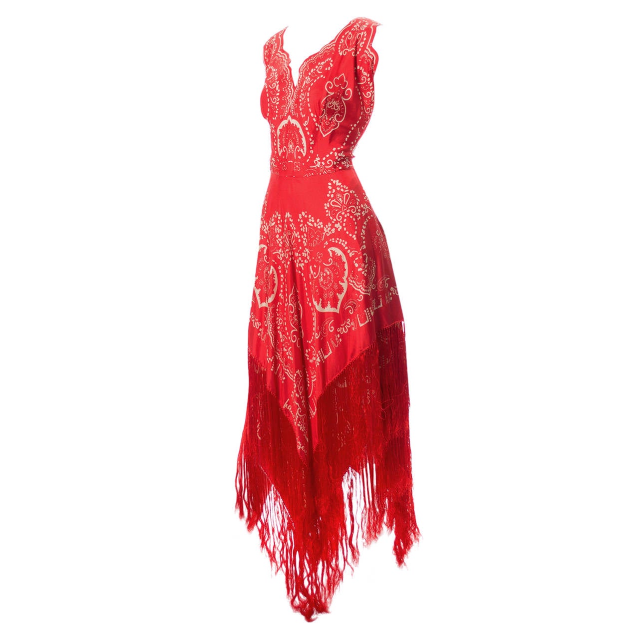 1970s Rare Pauline Trigere Vintage Dress Red Silk Exotic Fringe Signed 