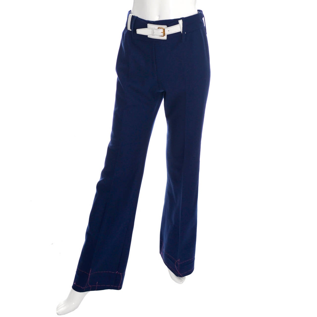 1970s Blue Vintage Hermes Pants Never Worn White Belt Bonwit Teller 1