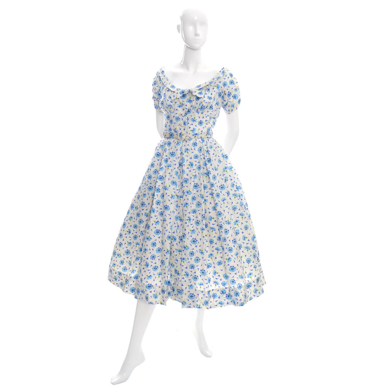 Blue Floral Silk Mollie Parnis Vintage Dress Linen Jacket 1950s