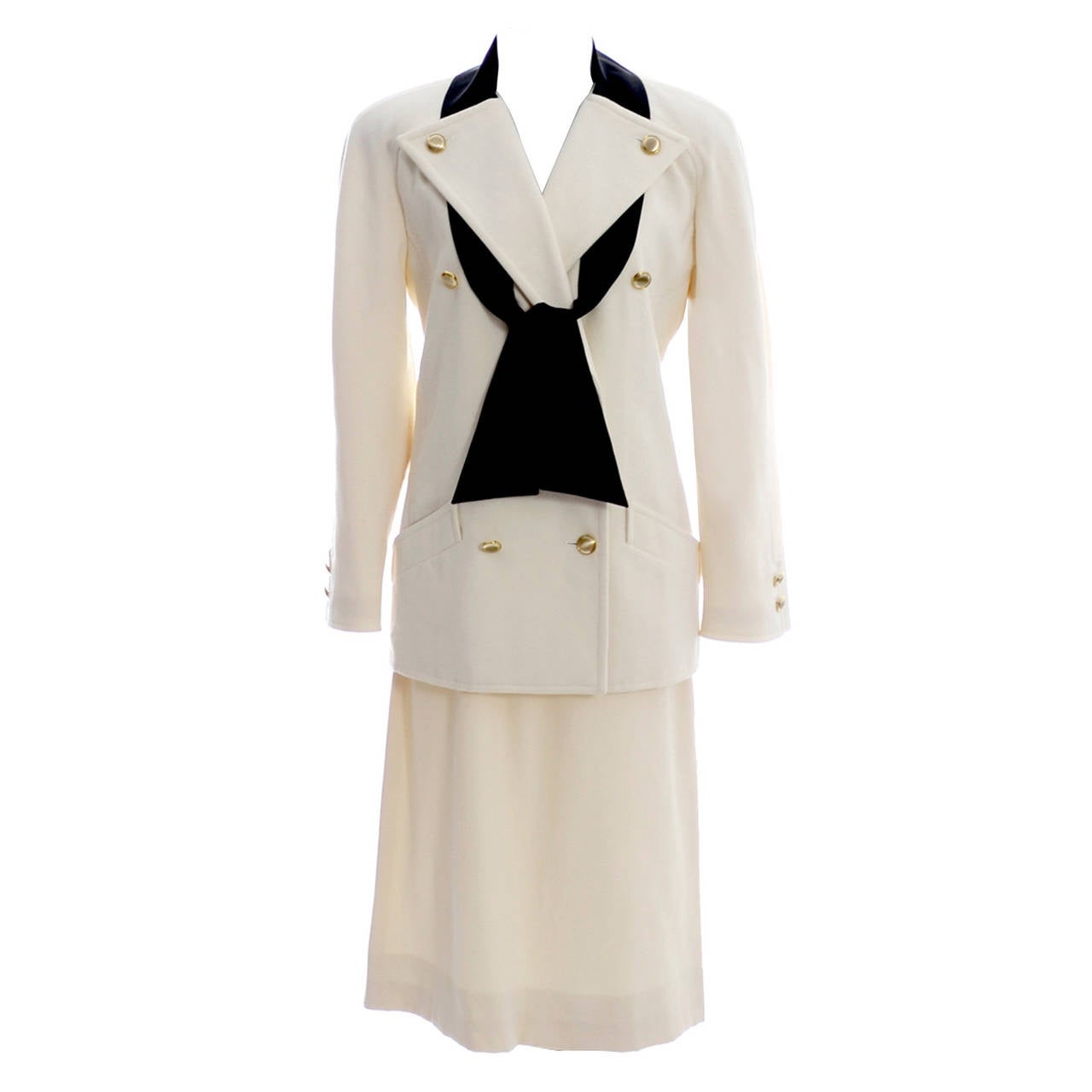 Vintage Valentino Winter White Wool Skirt Suit Black Silk Scarf Gold Buttons