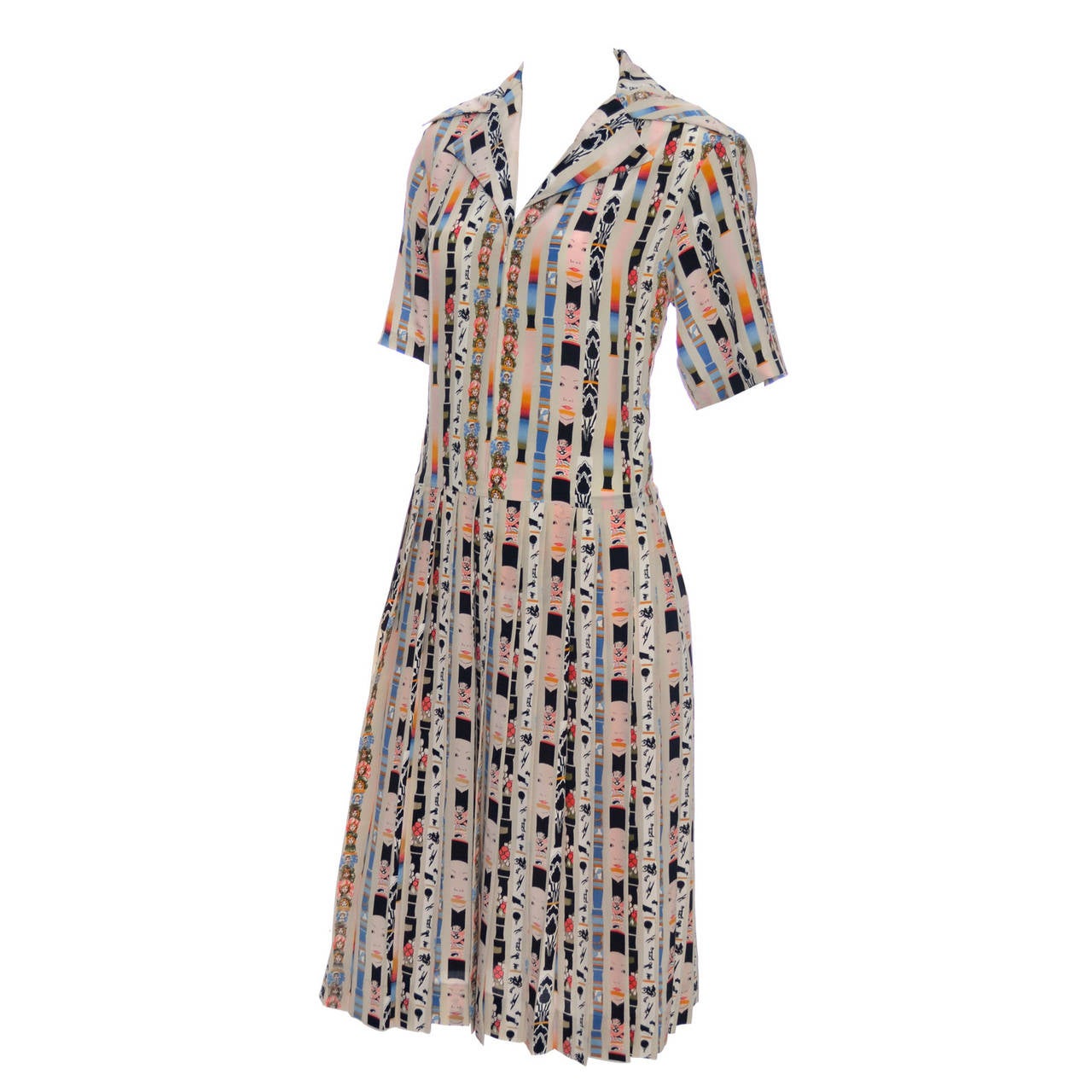 1970s Vintage Dress Loewe Spain Novelty Print Silk Doll Faces Drop Waist