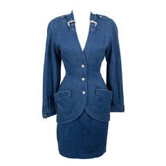 Thierry Mugler 1980's Designer Vintage Suit Denim Skirt Blazer Buckles 3