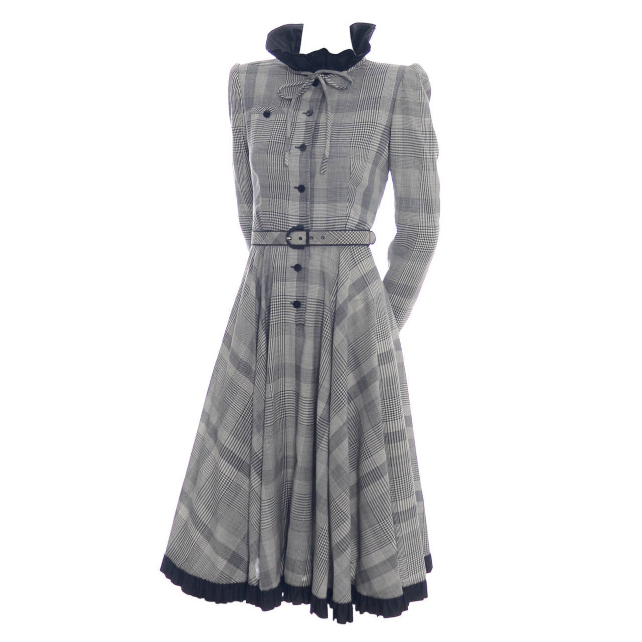 Vintage Valentino Boutique Plaid Wool Vintage Dress Full Skirt Belt As New