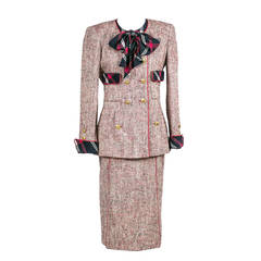 1985 Chanel Documented Vintage Suit Skirt Blazer & Silk Blouse Red White & Blue 3